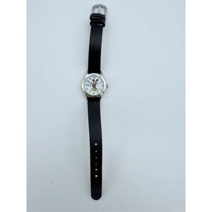 Disney Unisex Black Leather Band Mickey Mouse Round Analog Quartz Wristwatch